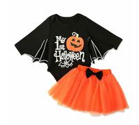 Costume d'Halloween pour enfant Ma première tenue d'Halloween pour nouveau-né fille manches chauve-souris visage citrouille barboteuse combinaison + jupes tutu nouveau-né garçon (orange, 6-12 mois)