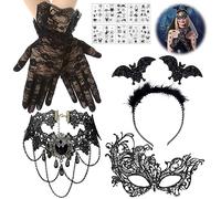 Costume d'Halloween pour femme - 5 pièces - Accessoires Halloween Steampunk - Gants en dentelle - Collier gothique en dentelle - Masque vénitien de bal masqué - Bandeau chauve-souris - Costume