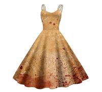 Costume d'Halloween pour femme avec imprimé sanglant - Style rétro médiéval - Robe de cocktail rockabilly sans manches - Taille nouée - Robe tunique festive - Robe d'invité - Robe d'horreur, O Gold