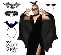 Costume d'Halloween pour femme, Costume de chauve-souris pour femme, Costume Halloween Vampire Fille, Cape à Ailes de Chauve-Souris, LED Bandeau, Masque, Collier Set pour Halloween Carnaval Cosplay