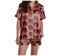 Costume d'Halloween pour femme, ensemble de pyjama deux pièces en satin de soie boutonné, léger et assorti, short citrouille, vêtements de nuit, chemises de nuit boutonnées, ensembles de pyjama