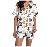 Costume d'Halloween pour femme, ensemble de pyjama deux pièces en satin de soie boutonné, léger et assorti, short citrouille, vêtements de nuit, chemises de nuit boutonnées, ensembles de pyjama