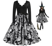 Costume d'Halloween Pour Femme Noir Halloween Cosplay Cocktail Party Crâne et Jupe à Motif Rose, Modèle à Col en V Carnaval Costume De Fête à Manches Longues, Avec Ceinture Noire Robe Longue élégante