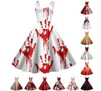 Costume d'Halloween pour femme - Robe de mariée effrayante et sanglante - Élégante robe de mariée sans manches - Robe sanglante avec imprimé éclaboussures de sang - Lignes trapèze - Robe maxi