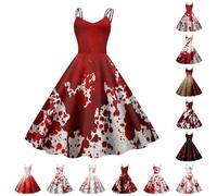Costume d'Halloween pour femme - Robe de mariée zombie effrayante et sanglante - Sans manches - Avec imprimé sanglant - Élégant et sexy - Horreur médiéval - Carnaval - Robe de cocktail pour fête de