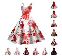 Costume d'Halloween pour femme - Robe de mariée zombie effrayante et sanglante - Sans manches - Avec imprimé sanglant - Élégant et sexy - Horreur médiéval - Carnaval - Robe de cocktail pour fête de