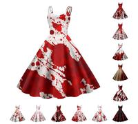 Costume d'Halloween pour femme - Robe de mariée zombie effrayante et sanglante - Sans manches - Avec imprimé sanglant - Élégant et sexy - Horreur médiéval - Carnaval - Robe de cocktail pour fête de