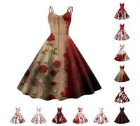 Costume d'Halloween pour femme - Robe de mariée zombie effrayante et sanglante - Sans manches - Avec imprimé sanglant - Élégant et sexy - Horreur médiéval - Carnaval - Robe de cocktail pour fête de