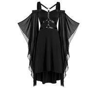 Costume d'Halloween pour femme - Robe gothique courte médiévale - Taille nouée - Costume de sorcière - Vampire Renaissance - Manches trompettes - Corset steampunk baroque vintage - Noir - Robe