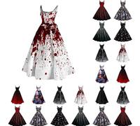 Costume d'halloween pour Femme Robe Midi avec Imprimé Sanglant DéContracté Sexy sans Manches Bretelles Spaghetti Robes éPaule Froide Robe Corset Bloody Imprimer Gothiques Robes d'halloween