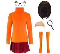 Costume d'Halloween pour femme, tenue de détective pour cosplay, haut Vema avec jupe plissée, perruque, chaussettes, lunettes, loupe (taille XL)