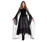 Costume d'Halloween pour femme - Vêtement de vampire gothique - Noir - Costume de mariée fantôme - Longue robe de sorcière avec cape à capuche - Couleur unie - Robe vintage médiévale - Cosplay