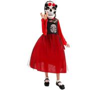 Costume d'Halloween pour fille - Multicolore - Costume festif avec masque - Jupe en tulle - Robe squelette mexicaine traditionnelle - Application florale - Imprimé squelette - Costume La Catrina