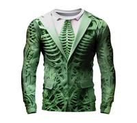Costume d'Halloween pour homme - Chemise squelette tête de mort - Cage côtelée - Impression 3D - T-shirt à col rond et manches longues - Hauts de fête de vacances, Vert, L