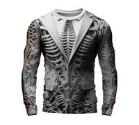 Costume d'Halloween pour homme - Chemise squelette tête de mort - Cage côtelée - Impression 3D - T-shirt à col rond et manches longues - Hauts de fête de vacances, gris, XL