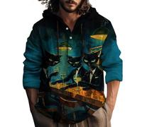 Costume d'Halloween pour homme en coton et lin avec capuche à quart de bouton, manches longues, imprimé effrayant, chemise graphique ample, bleu, 5XL