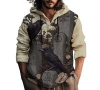 Costume d'Halloween pour homme en coton et lin avec capuche à quart de bouton, manches longues, imprimé effrayant, chemise graphique ample, gris, M