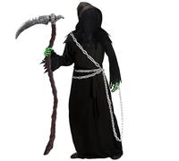 Costume d'Halloween pour homme - Lot de 6 costumes effrayants faucheuse pour adulte avec masque, faux (123 cm) et chaîne métallique, costumes d'horreur fantômes homme, Détraqueur Faucheuse cosplay,XL