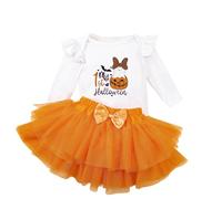 Costume d'Halloween unisexe mignon festif pour bébé - Jupe en tulle assorti - Bandeau assorti - Tutu - Inscription à thème - Grenouillère à manches longues pour la première Halloween, Style p01 orange