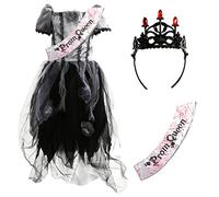 Costume d'Halloween zombie pour fille - Taille M - Robe de bal grise et noire, couronne noire et écharpe de reine de bal