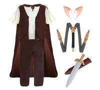 Costume d'homme mythique pour adultes - Standard - Cape marron avec capuche, haut blanc avec gilet marron, pantalon marron, oreilles mythiques, bretelles réglables en tweed et épée en plastique -