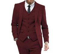 Costume d'homme Trois PièCes en Tweed Vintage Slim Fit à Revers Pointu Blazer De Mariage Pantalon De Smoking Robes De Bal De Fin D'AnnéE (Rouge,M)