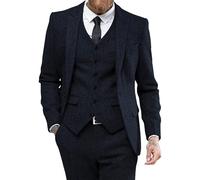 Costume d'homme Trois PièCes en Tweed Vintage Slim Fit à Revers Pointu Blazer De Mariage Pantalon De Smoking Robes De Bal De Fin D'AnnéE (Noir,S)