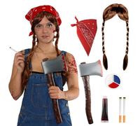 Costume d'horreur de la ferme des années 70 - Bandana rouge, perruque tressée, hache sanglante, faux sang et maquillage pour le visage, faux cigare - Déguisement d'Halloween pour adultes