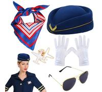Costume d'hôtesse de l'air - Ensemble chapeau et béret | Kit d'accessoires pour gants, écharpe rayée, tenue d'habillage d'agent de bord, ensemble complet de jeu de rôle d'aviation comprenant un badge,