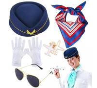 Costume d'hôtesse de l'air - Ensemble de 6 pièces | Accessoires de pilote - Accessoires de costume Attendant - Pour femme - Carnaval - Fête à thème - Bleu et rouge - 1 pièce - Design de
