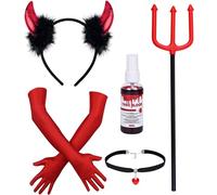 Costume Diable Femme, Ensemble 5 Pièces Gants Diables, Trident, Spray Faux Sang, Collier Gothique, Accessoires Diables pour Femme et Fille, Serre-Tête,Deguisement Halloween Diable et Carnaval(Rouge)