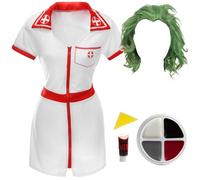 Costume d'infirmière blague pour homme - Taille M - Robe d'infirmière blanche et rouge, chapeau d'allaitement, perruque verte, maquillage et faux sang - Déguisement d'Halloween pour adultes