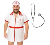 Costume d'infirmière pour homme - Déguisement amusant pour homme - Robe blanche et chapeau d'infirmière et stéthoscope - Tenue hilarante pour enterrement de vie de garçon, enterrement de vie de jeune