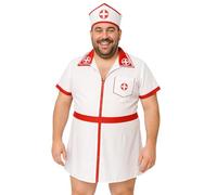 Costume d'infirmière pour homme - Taille L - Robe d'infirmière blanche avec détails rouges et chapeau d'allaitement assorti - Déguisement amusant pour enterrement de vie de garçon, Halloween