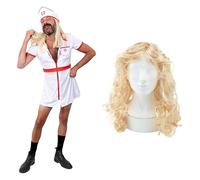 Costume d'infirmière pour homme - XL - Robe d'infirmière blanche et rouge, chapeau d'allaitement, longue perruque blonde, enterrement de vie de garçon, enterrement de vie de jeune fille, Halloween
