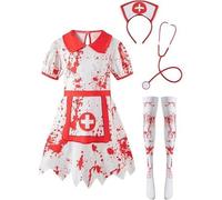 Costume d'infirmière sanglante - Tenue d'Halloween avec robe, chapeau et bas (blanc, 100)