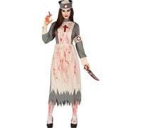 Costume d'infirmière zombie rétro Halloween blanc-gris-rouge