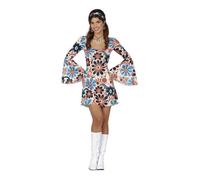 FIESTAS GUIRCA Déguisement Hippie Fleur Femme - Robe Hippie Courte Années 70 avec Motif Fleur et Bandeau Hippie - Déguisement Disco Années 60 pour Femme Taille M