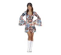 FIESTAS GUIRCA Déguisement Hippie Fleur Femme - Robe Hippie Courte Années 70 avec Motif Fleur et Bandeau Hippie - Déguisement Disco Années 60 pour Femme Taille S
