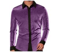 Costume Disco Homme Carnaval Veste Chemise Carreaux Col Mao À Paillettes Style Manches Courtes,Polo Shirts Revers Brillant des Années 70, 1-Violet M