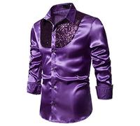 Costume disco pour homme en satin brillant à paillettes - Sans repassage - Manches longues boutonnées - Chemise de travail formelle décontractée - Coupe ajustée - Tenue disco extensible pour mariage