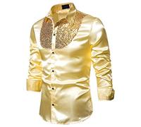 Costume disco pour homme en satin brillant à paillettes - Sans repassage - Manches longues boutonnées - Chemise de travail formelle décontractée - Coupe ajustée - Tenue disco extensible pour mariage
