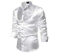 Costume disco pour homme en satin brillant à paillettes - Sans repassage - Manches longues boutonnées - Chemise de travail formelle décontractée - Coupe ajustée - Tenue disco extensible pour mariage