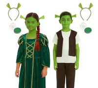 Costume d'Ogre et de princesse Fiona pour enfants - Tenue d'ogre verte pour garçon, robe de princesse verte et bandeau ogre - Déguisement amusant pour Halloween, la journée mondiale du livre et les