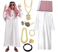 Costume du désert - Robe du Moyen-Orient authentique avec foulard rouge blanc et accessoires dorés, tenue complète de cheik | Pour hommes, femmes, adolescents, festivals, fêtes, spectacles, jeux de