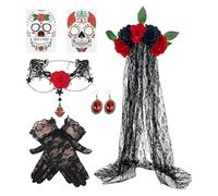 Costume du jour des morts - Ensemble de boucles d'oreilles en voile Cosplay, kit de costumes floraux en dentelle, gants en dentelle, boucles d'oreilles en voile, collier, décoration pour femmes