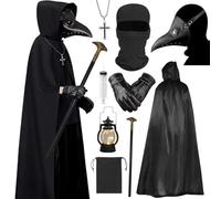 Costume du Médecin de Peste Masque Steampunk Homme Docteur Cape Noire à Capuche Plague Doctor Masque Adulte Corbeau Canne Gants Collier Croix Pochette Halloween