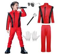 Costume du roi de la pop pour homme et enfant - Costume des années 80 - Veste rouge - Musicien - Rétro Rapp Pop - Tenue adulte avec microphone et lunettes de soleil - Costume d'Halloween pour garçons