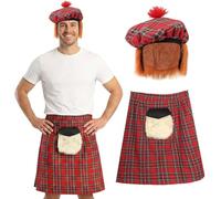 Costume écossais écossais écossais : kilt avec Sporran zippé attaché et chapeau Tam o' Shanter avec cheveux - Déguisement Highland Scotland Burns Night St Andrews Day