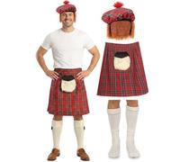 Costume écossais écossais : kilt tartan avec sporran zippé attaché, chapeau Tam o' Shanter avec cheveux et chaussettes de qualité - Déguisement Highland Scotland Burns Night St Andrews Day
